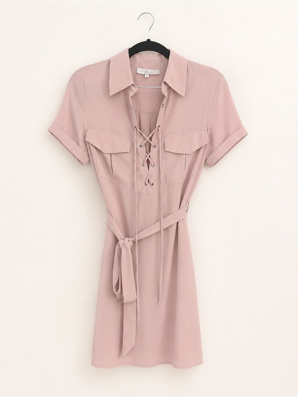 L’Academie Blush Pink Lace-Up Belted Shirt Dress XS